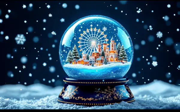 A beautifully crafted snow globe features a winter scene with a ferris wheel and trees, surrounded by falling snowflakes, captured in stunning 4K Ultra HD detail.