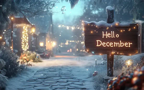 A serene winter scene features a snowy path illuminated by lights, with a wooden sign reading Hello December, creating a cozy and festive atmosphere. Perfect for a December-themed desktop wallpaper.