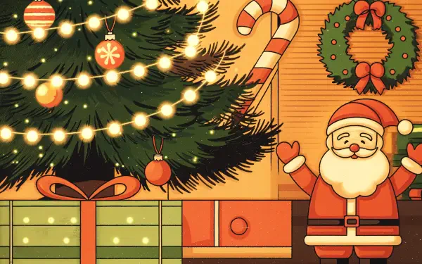 A festive Christmas scene featuring a decorated tree, colorful ornaments, a candy cane, a cheerful Santa, and wrapped presents, perfect as a 4K Ultra HD PC desktop wallpaper.