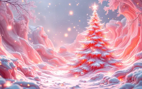 A serene pink Christmas scene featuring a snow-covered landscape and a glowing pink tree, enhanced by soft snowfall and dreamy pastel colors. 4K Ultra HD resolution.