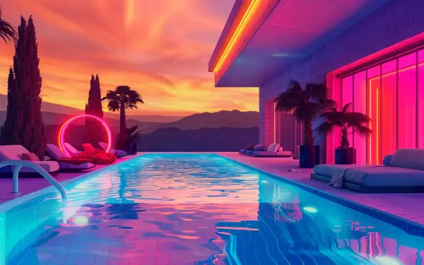 A stunning 4K Ultra HD wallpaper showcasing a vibrant poolside scene at sunset, featuring glowing neon accents, lush palm trees, and a serene atmosphere.