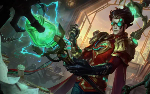 Viktor from League of Legends, depicted in a vibrant 4K Ultra HD wallpaper, showcases his character with a glowing green potion and electrifying effects in a steampunk setting.