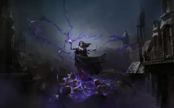 A stunning 8K Ultra HD wallpaper featuring a necromancer from Path of Exile 2, casting powerful spells amidst a dark, atmospheric backdrop filled with eerie energy.