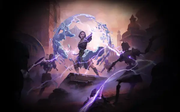 A dynamic 4K Ultra HD wallpaper featuring a sorceress casting powerful spells in a mystical world, inspired by the video game Path of Exile 2.