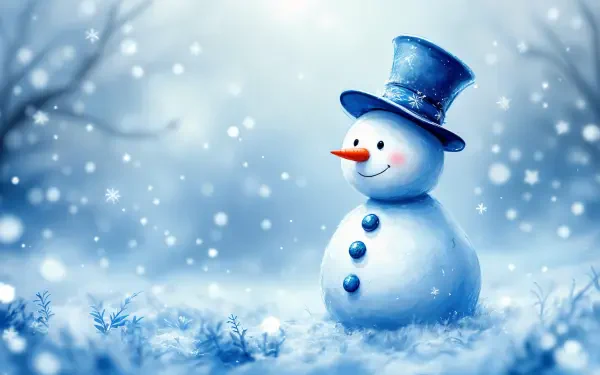 A cheerful snowman with a blue top hat stands in a snowy landscape, surrounded by gently falling snowflakes, creating a serene winter scene. 4K Ultra HD desktop wallpaper and background.