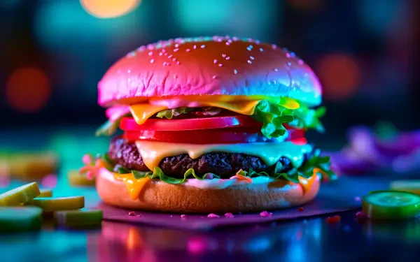 A vibrant hamburger with layers of lettuce, tomato, cheese, and mayo sits under colorful neon lights, perfect for a 4K Ultra HD PC desktop wallpaper and background.