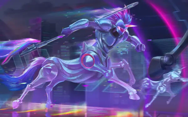A dynamic 4K Ultra HD wallpaper featuring Hecarim, a champion from League of Legends, charging forward with a lance amidst a vibrant, futuristic backdrop.