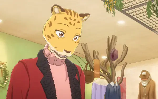 A close-up of Sheila from Beastars, depicted with a leopard head and stylish outfit, set in a vibrant, modern shop background. This HD image serves as a captivating desktop wallpaper.
