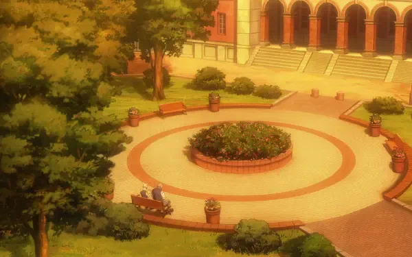 HD PC desktop wallpaper of a serene park courtyard from the anime Beastars, featuring lush trees, benches, and warm sunlight illuminating the scene.