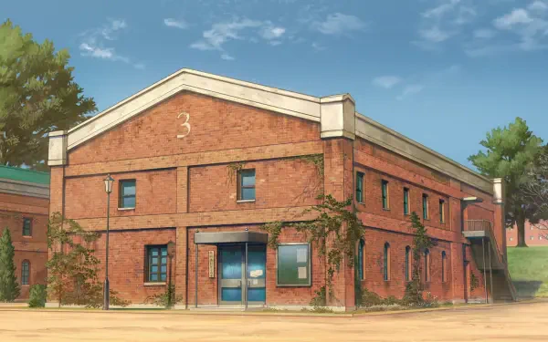 A detailed HD wallpaper featuring a brick building surrounded by greenery, inspired by the anime Beastars, set against a clear blue sky.