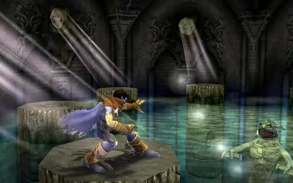 A dramatic HD wallpaper featuring a character from Legacy of Kain: Soul Reaver 1 & 2 Remastered, poised for action in a shadowy, atmospheric underground setting.