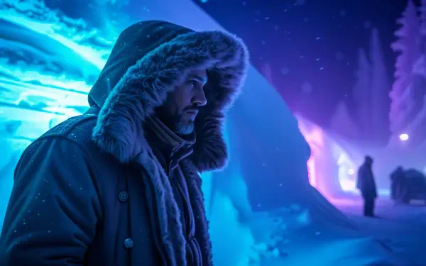 A smuggler in a fur-lined hood stands in a snowy landscape illuminated by cool blue and purple lights, creating a mysterious atmosphere in this 4K Ultra HD wallpaper.