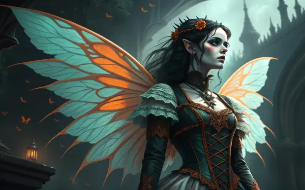 Gothic fairy with vibrant wings and intricate costume stands against a dark, fantasy backdrop in this 4K Ultra HD PC desktop wallpaper.