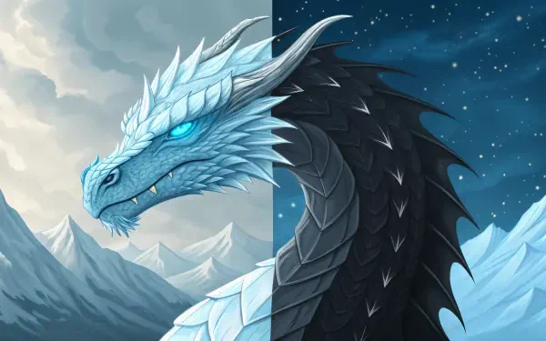 Stunning 4K Ultra HD wallpaper featuring an ice dragon with a shimmering blue and white head, contrasting against a dark, starry background and rugged snowy mountains.