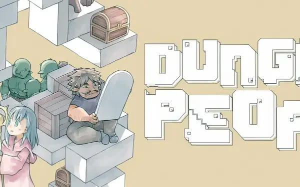 Anime-themed HD desktop wallpaper featuring characters from Dungeon People surrounded by treasure chests and a whimsical dungeon setting.