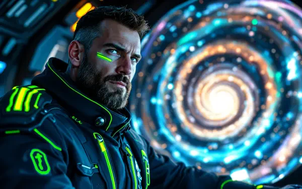 A starship captain in a futuristic cockpit gazes intently as a swirling cosmic vortex illuminates the background, captured in stunning 4K Ultra HD detail.