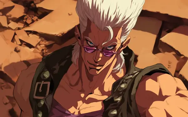 HD wallpaper featuring Jean Pierre Polnareff from Jojo's Bizarre Adventure. The image captures his striking expression against a rugged backdrop.