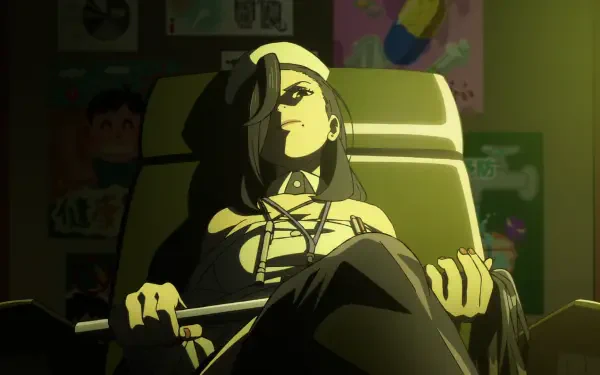 Anime HD PC desktop wallpaper and background: Dandadan's Queen Sensei reclines in an armchair, cane in hand, half-lit face and moody shadows.