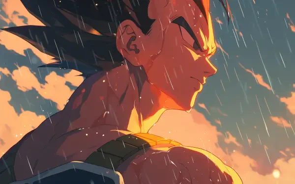 A dynamic HD wallpaper featuring Vegeta from Dragon Ball, set against a dramatic rain background that enhances the character's intense expression and powerful presence.