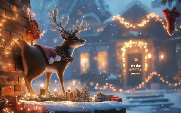 A charming deer adorned with Christmas ornaments stands beside a cozy, snow-covered home, illuminated by festive lights. Text reads Tis the season, capturing the holiday spirit.