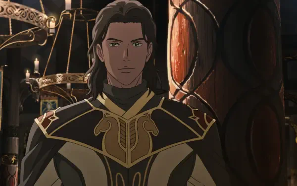 An animated character from The Lord of the Rings: The War of the Rohirrim stands confidently, featuring intricate armor and a detailed background, in this HD anime wallpaper.