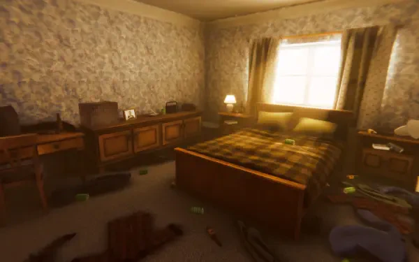 A detailed 4K Ultra HD wallpaper from the video game Among Ashes, featuring a cluttered bedroom bathed in warm sunlight, creating an immersive atmosphere.