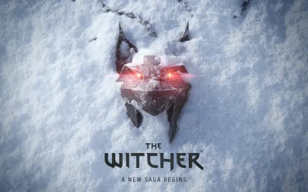 A striking 4K Ultra HD wallpaper for The Witcher IV, featuring a wolf’s head emblem partially buried in snow, with glowing red eyes and the tagline A New Saga Begins.