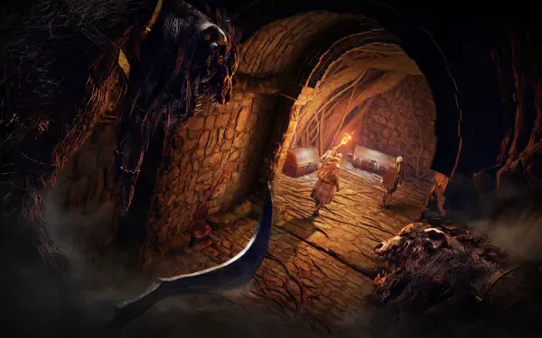 A dramatic 4K Ultra HD wallpaper from Elden Ring, featuring a dark, atmospheric dungeon scene with a character holding a torch and menacing creatures lurking in the shadows.