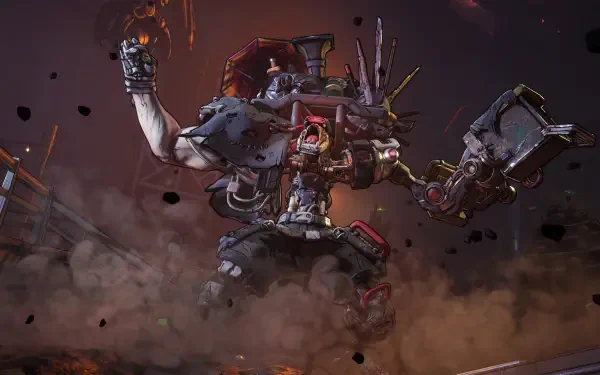 A dynamic HD desktop wallpaper featuring a character from Borderlands 4, showcasing intense action and vivid details amidst a cloud of dust and debris.