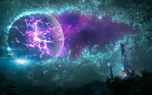 A vibrant HD wallpaper from Borderlands 4, featuring a dramatic cosmic scene with a glowing planet and electrifying colors, set against a fantastical landscape.