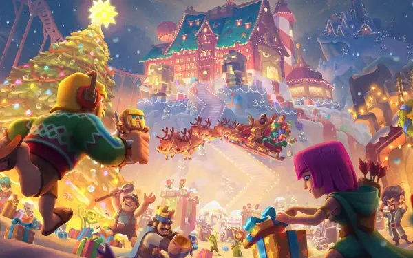 Clash of Clans Christmas town scene with festive characters, decorated Christmas tree, and Santa’s sleigh, rendered in vibrant 4K Ultra HD game art style.