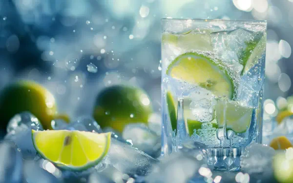 A refreshing cold drink in a clear glass, garnished with lime slices, surrounded by ice and limes, set against a vibrant blue background. 4K Ultra HD desktop wallpaper.