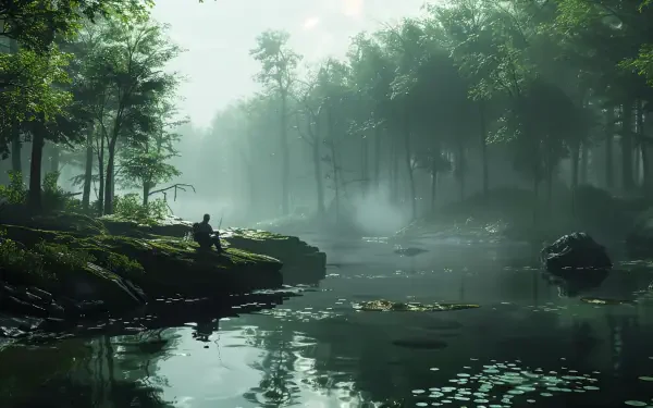 A serene, secluded fishing spot surrounded by lush trees, with a figure fishing peacefully by a tranquil, misty lake. High-resolution 4K Ultra HD wallpaper for nature enthusiasts.