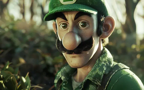 A vibrant 4K Ultra HD desktop wallpaper featuring Luigi, showcasing his distinct green attire and expressive features amidst a natural background.