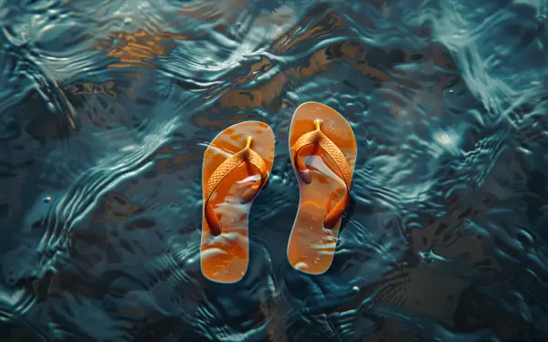 A vibrant 4K Ultra HD wallpaper featuring a pair of orange flip flops resting on a shimmering water surface, captured in clear detail.