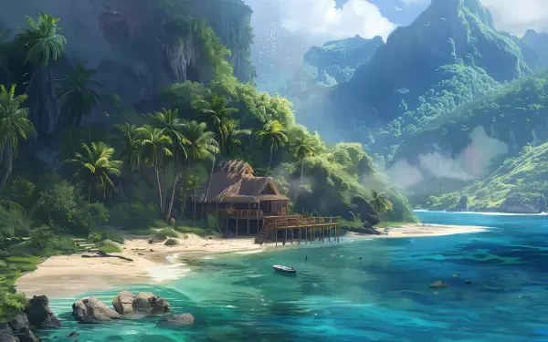 A stunning paradise landscape featuring a tropical island with lush greenery, a serene beach, and a quaint wooden hut, captured in vibrant 4K Ultra HD for a captivating desktop background.