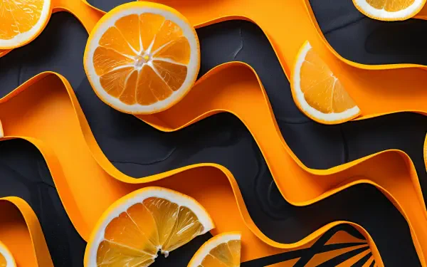 A vibrant 4K Ultra HD wallpaper featuring sliced oranges atop undulating orange waves, creating a striking artistic design with bold color contrasts.