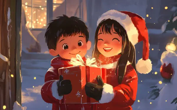Two joyful children in festive attire celebrate Christmas, holding a beautifully wrapped gift. The snowy background adds a magical touch to this 4K Ultra HD holiday wallpaper.