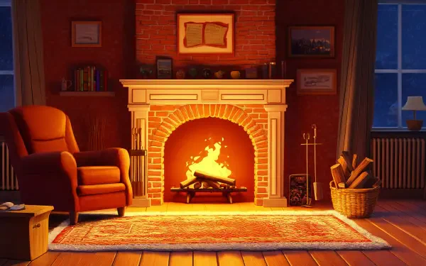 A cozy room featuring a warm fireplace, comfortable chair, and inviting decor, creating a tranquil atmosphere. This 4K Ultra HD image serves as an engaging desktop wallpaper.