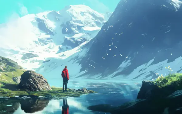A stunning 4K Ultra HD landscape featuring a serene fjord surrounded by majestic mountains, with a figure in a red jacket standing by the calm waters.