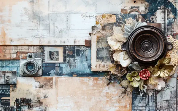 A beautifully crafted scrapbook design featuring vintage cameras, decorative flowers, and textured backgrounds, presented as a vibrant 4K Ultra HD desktop wallpaper and background.