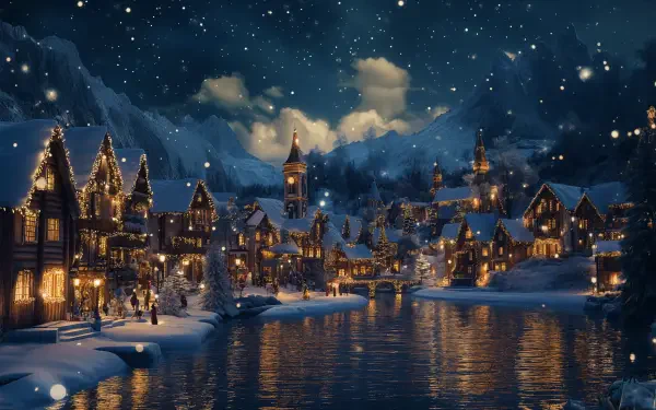A charming Christmas village is illuminated under a starry sky, with cozy houses and a serene river reflecting the festive lights, rendered in stunning 4K Ultra HD for a beautiful desktop wallpaper.
