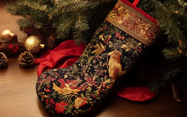 A beautifully decorated Christmas stocking hangs among evergreen branches, surrounded by festive ornaments, creating a warm holiday atmosphere in this 4K Ultra HD desktop wallpaper.