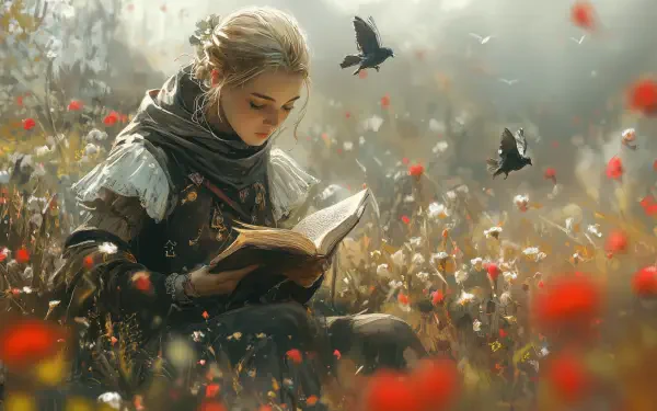 A serene Renaissance scene featuring a woman reading a book amidst vibrant flowers, with birds fluttering around her, captured in stunning 4K Ultra HD quality.