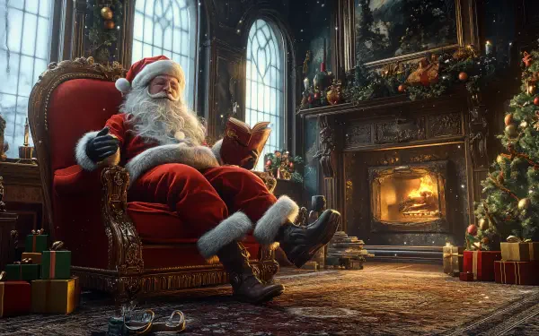 A cozy scene of Santa in a warmly decorated room, reading by a crackling fireplace, surrounded by holiday gifts and a beautifully lit Christmas tree. 4K Ultra HD desktop wallpaper.