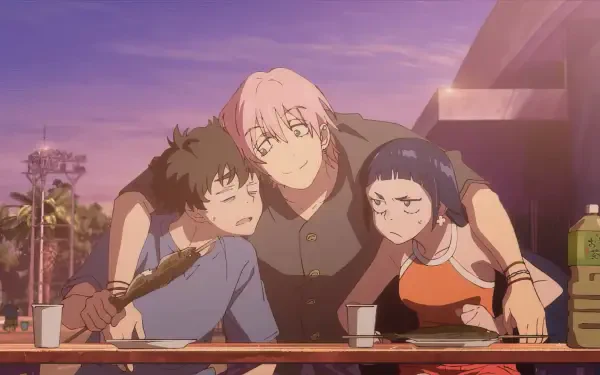 Three characters from the anime Negative Positive Angler share a lighthearted moment at a table, enjoying food against a colorful sunset backdrop. HD PC desktop wallpaper.