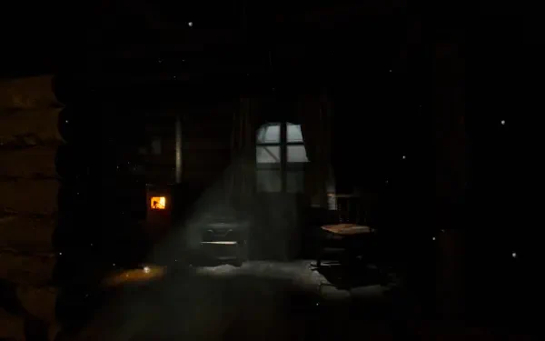 A haunting scene from The Cabin Factory, featuring dim lighting, a window casting a ghostly glow, and scattered dust particles, serves as an evocative HD PC desktop wallpaper.