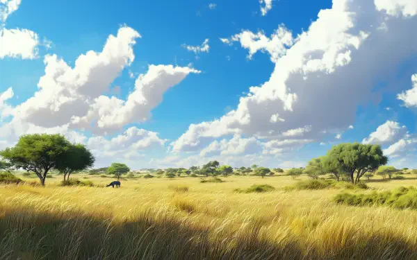 A vibrant safari landscape showcases golden grasses under a bright blue sky with fluffy clouds, offering a serene and immersive nature scene for your HD desktop wallpaper.