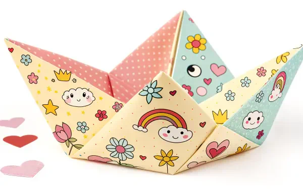 Colorful origami paper boat with cute designs and cheerful illustrations, presented as a vibrant 4K Ultra HD desktop wallpaper background.