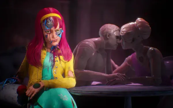 A striking 4K Ultra HD wallpaper from the video game *Judas (2025)*, featuring a colorful character sitting in front of a romantic scene between two figures.